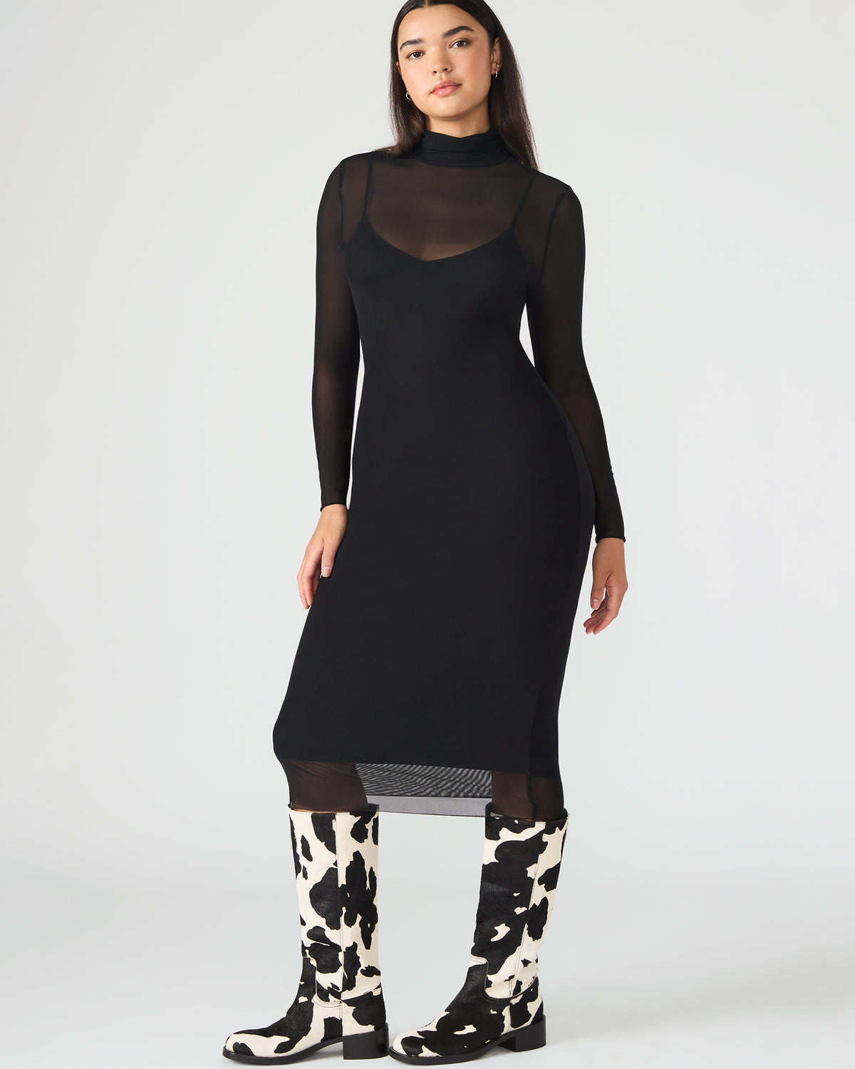 HAILEE Black Long-Sleeved Mesh Pull-On Mock Neck Midi Women's Dress | Steve Madden Exclusive