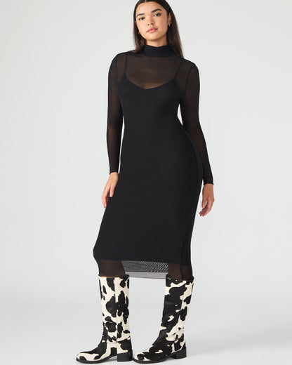 HAILEE Black Long-Sleeved Mesh Pull-On Mock Neck Midi Women's Dress | Steve Madden Exclusive