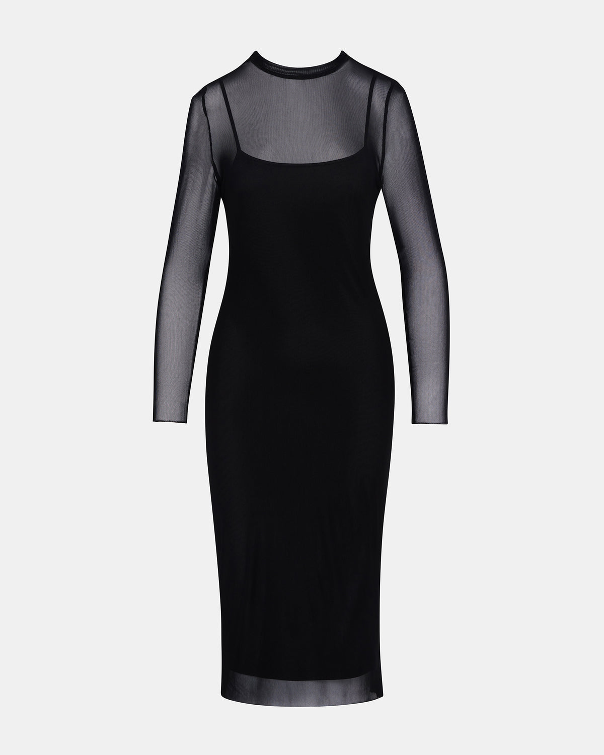 HAILEE Black Long-Sleeved Mesh Pull-On Mock Neck Midi Women's Dress | Steve Madden Exclusive