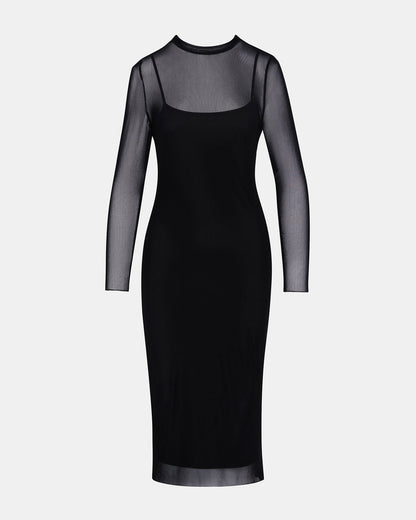 HAILEE Black Long-Sleeved Mesh Pull-On Mock Neck Midi Women's Dress | Steve Madden Exclusive