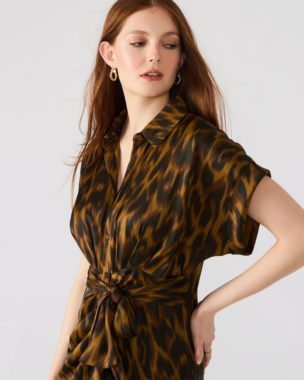 TORI Leopard Button Up Collared Midi Dress | Steve Madden Classic