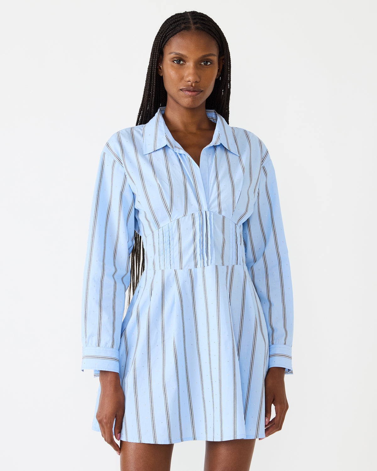 ARIANY Estate Blue Long-Sleeved Collared Neckline Women's Dress | Steve Madden Featured