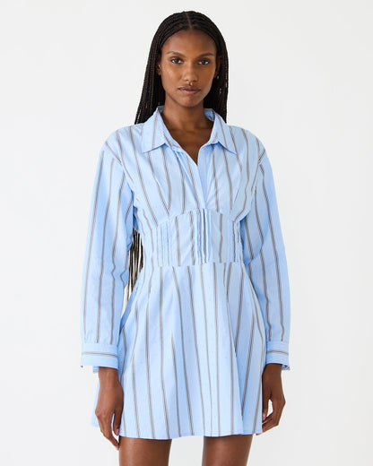 ARIANY Estate Blue Long-Sleeved Collared Neckline Women's Dress | Steve Madden Featured