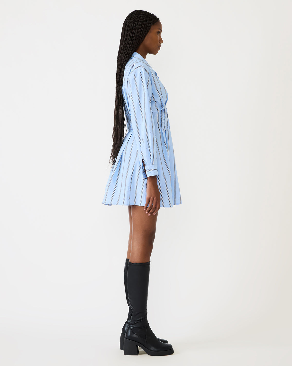 ARIANY Estate Blue Long-Sleeved Collared Neckline Women's Dress | Steve Madden Featured