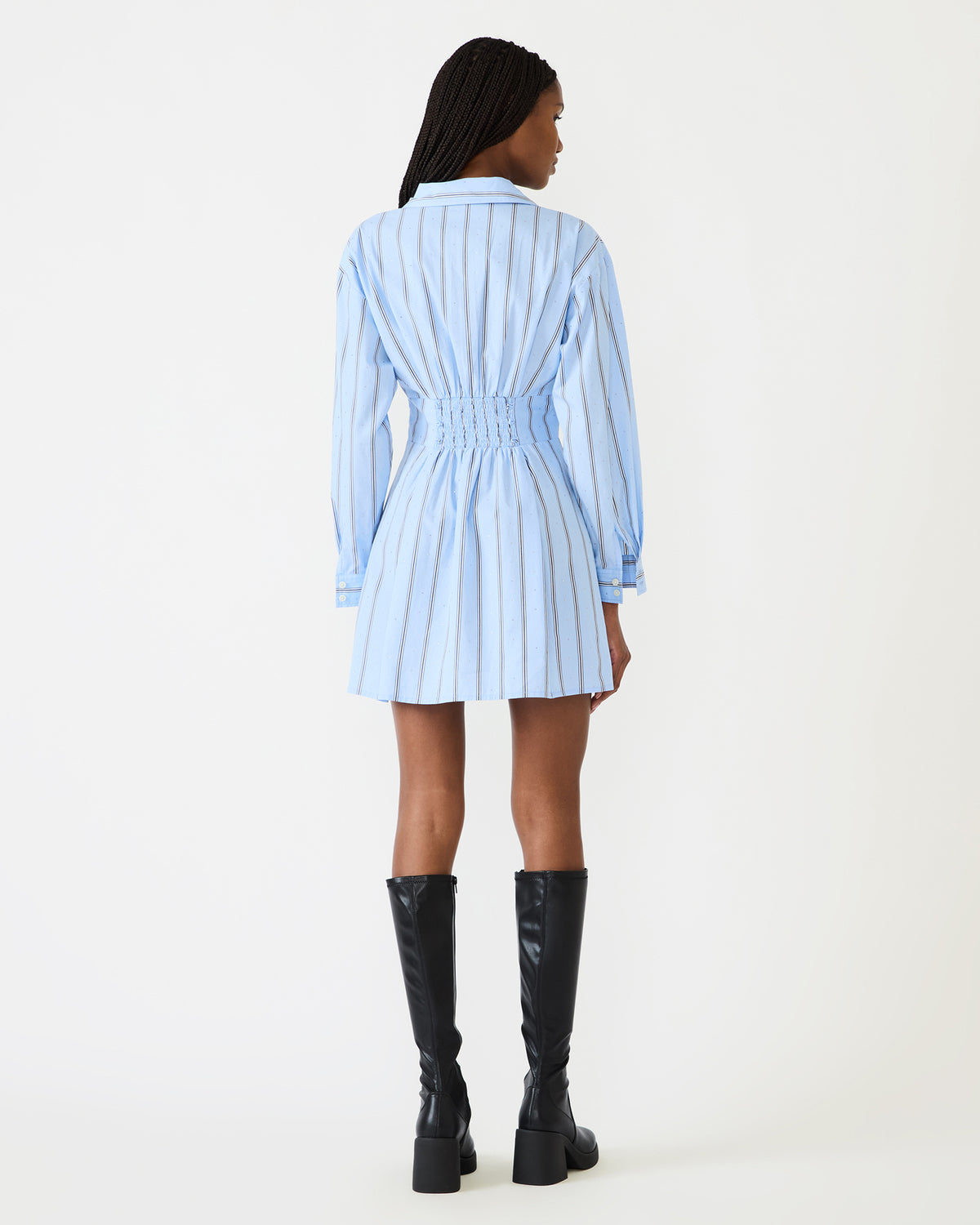 ARIANY Estate Blue Long-Sleeved Collared Neckline Women's Dress | Steve Madden Featured