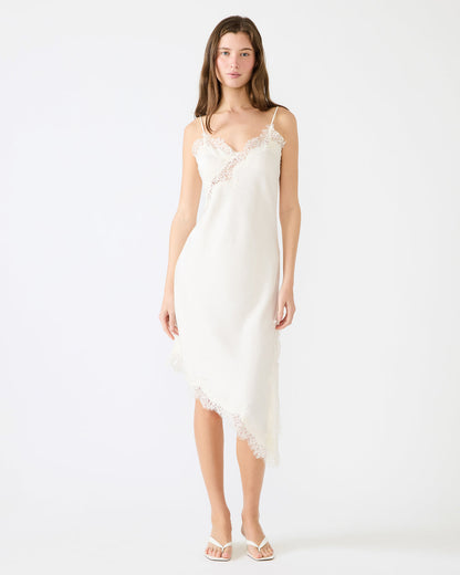 DANNA Cream Asymmetrical Lace Trim Women's Midi Dress | Steve Madden Top Pick