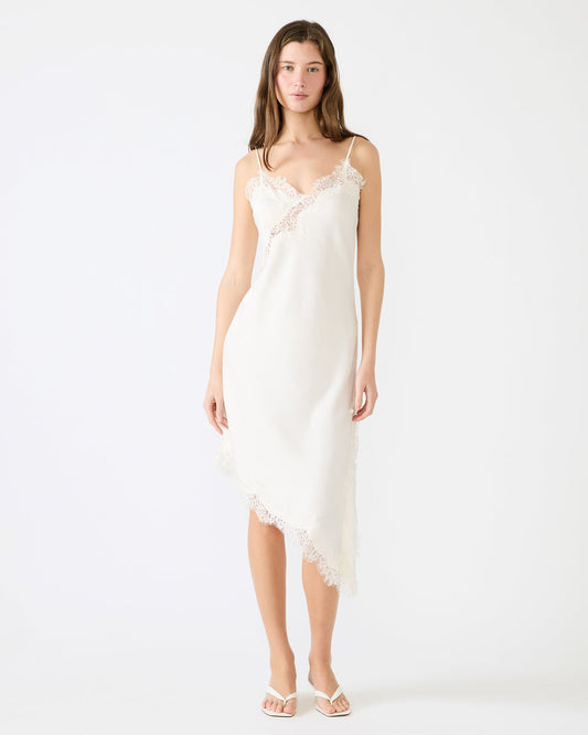 DANNA Cream Asymmetrical Lace Trim Women's Midi Dress | Steve Madden Top Pick
