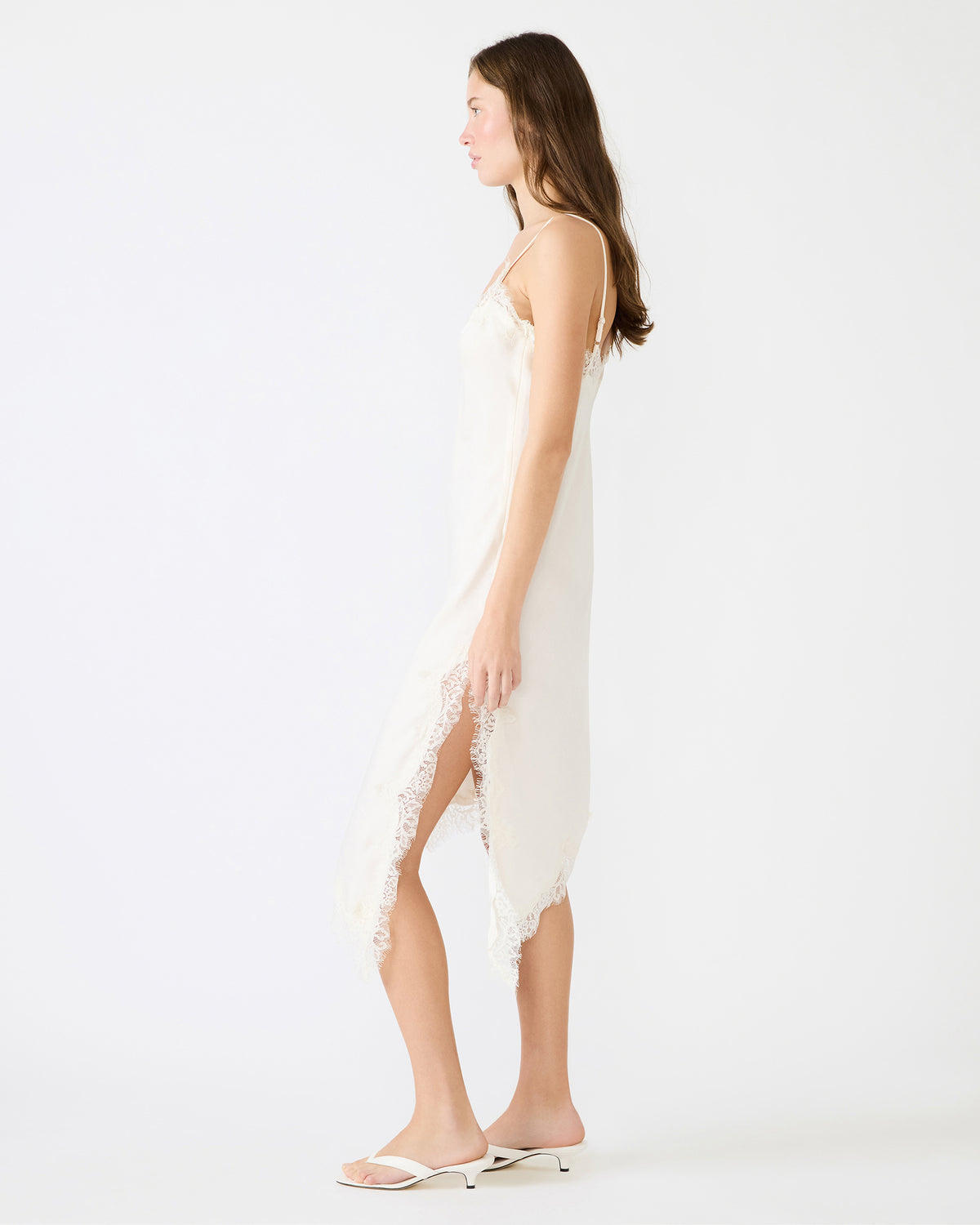 DANNA Cream Asymmetrical Lace Trim Women's Midi Dress | Steve Madden Top Pick