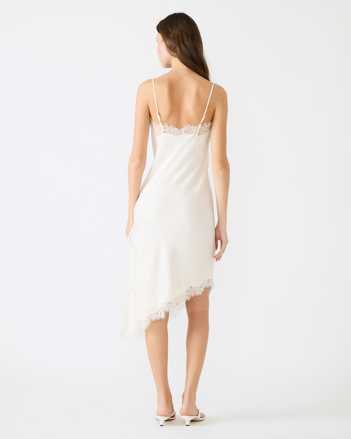 DANNA Cream Asymmetrical Lace Trim Women's Midi Dress | Steve Madden Top Pick