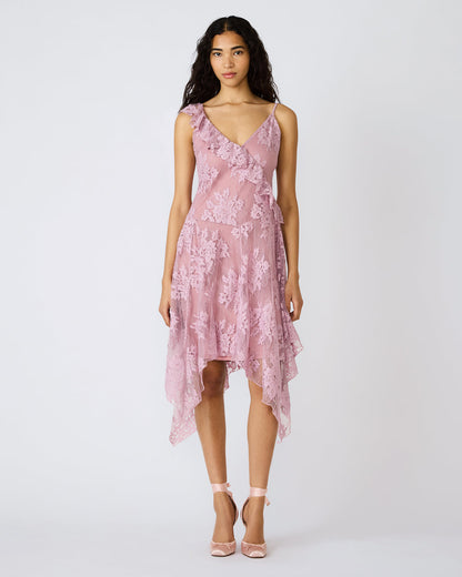 DARIELLA Mauve Shadows Sleeveless Asymmetrical Ruffle Lace Mesh Women's Midi Dress | Steve Madden Classic