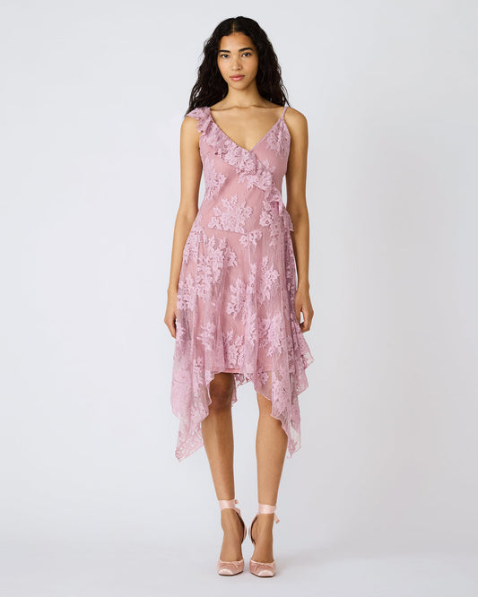 DARIELLA Mauve Shadows Sleeveless Asymmetrical Ruffle Lace Mesh Women's Midi Dress | Steve Madden Classic