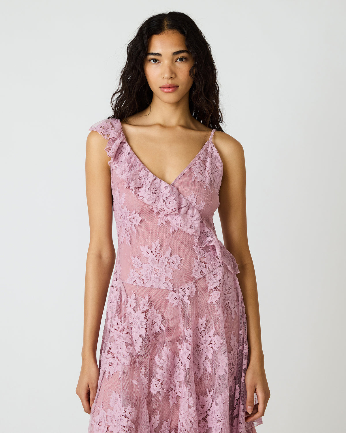 DARIELLA Mauve Shadows Sleeveless Asymmetrical Ruffle Lace Mesh Women's Midi Dress | Steve Madden Classic