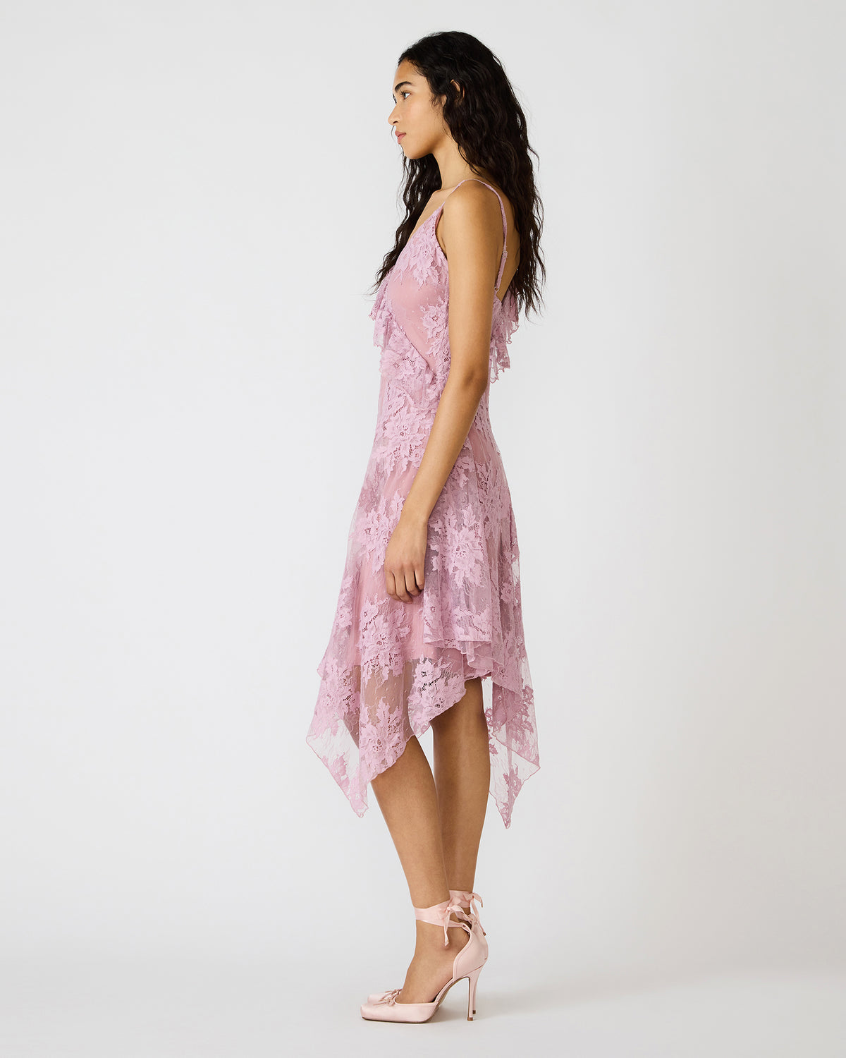 DARIELLA Mauve Shadows Sleeveless Asymmetrical Ruffle Lace Mesh Women's Midi Dress | Steve Madden Classic