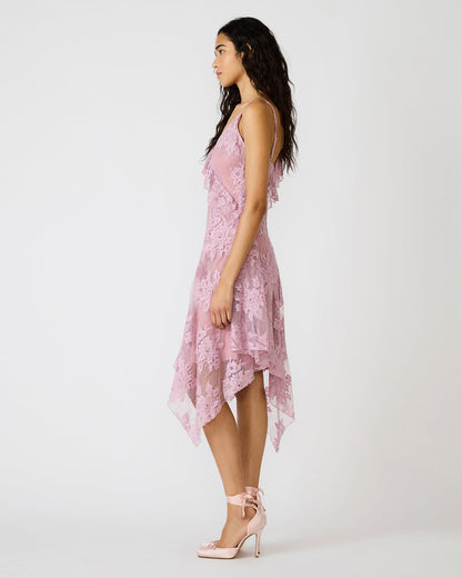 DARIELLA Mauve Shadows Sleeveless Asymmetrical Ruffle Lace Mesh Women's Midi Dress | Steve Madden Classic