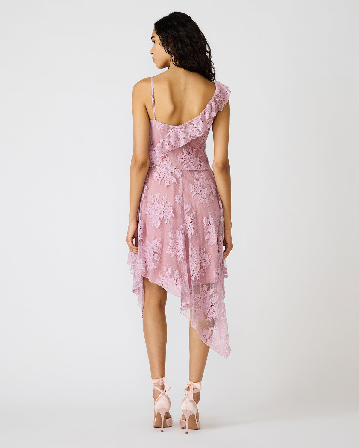 DARIELLA Mauve Shadows Sleeveless Asymmetrical Ruffle Lace Mesh Women's Midi Dress | Steve Madden Classic