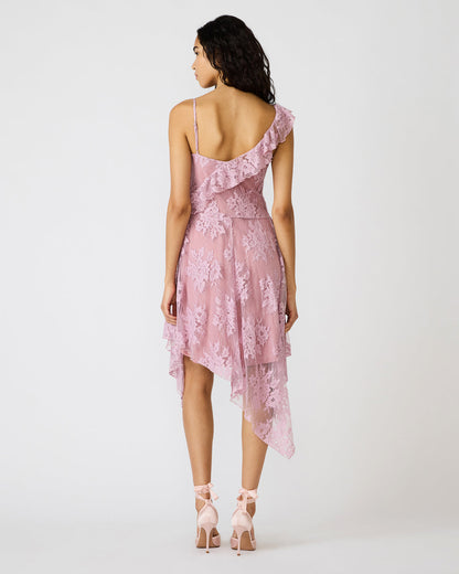 DARIELLA Mauve Shadows Sleeveless Asymmetrical Ruffle Lace Mesh Women's Midi Dress | Steve Madden Classic