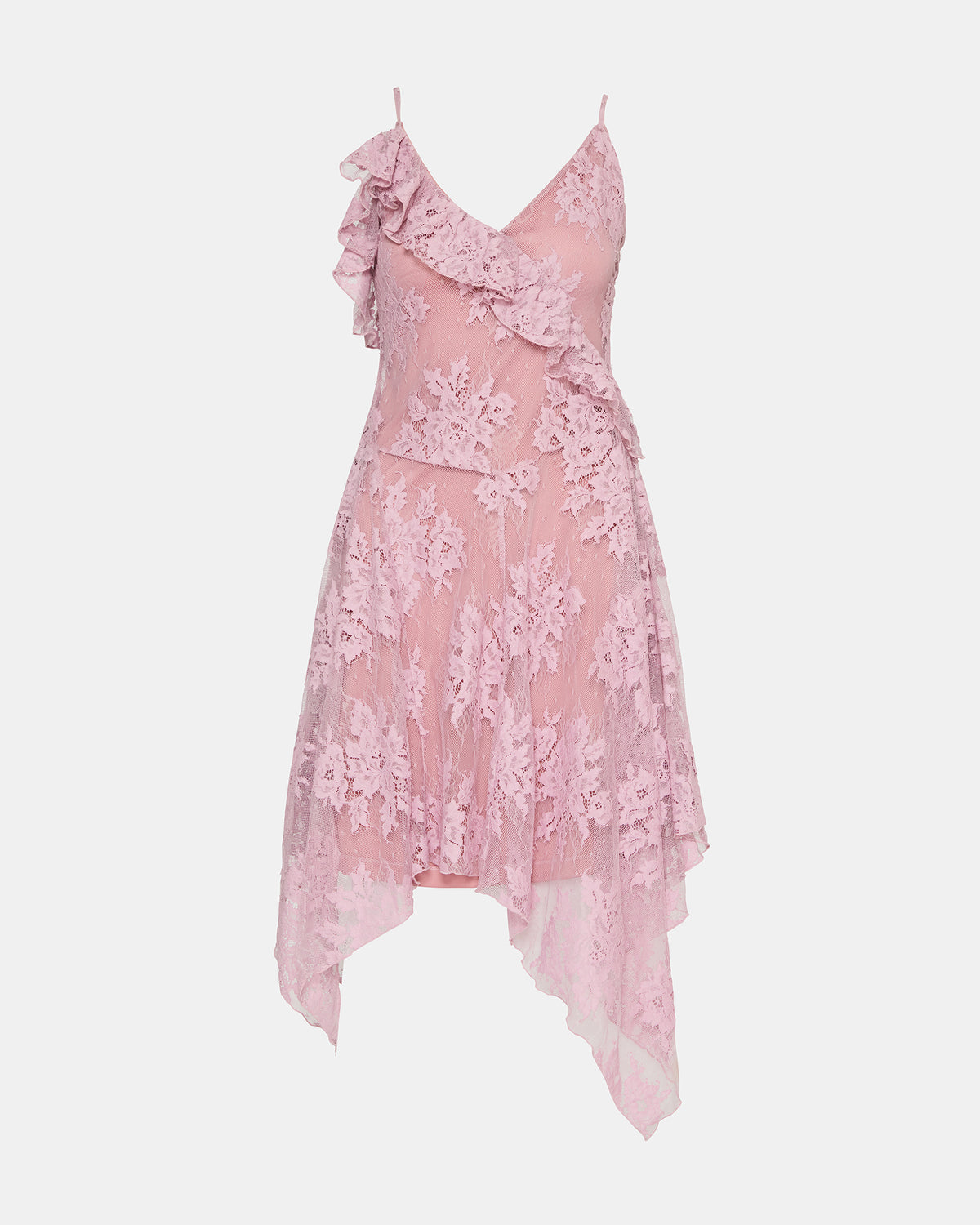 DARIELLA Mauve Shadows Sleeveless Asymmetrical Ruffle Lace Mesh Women's Midi Dress | Steve Madden Classic