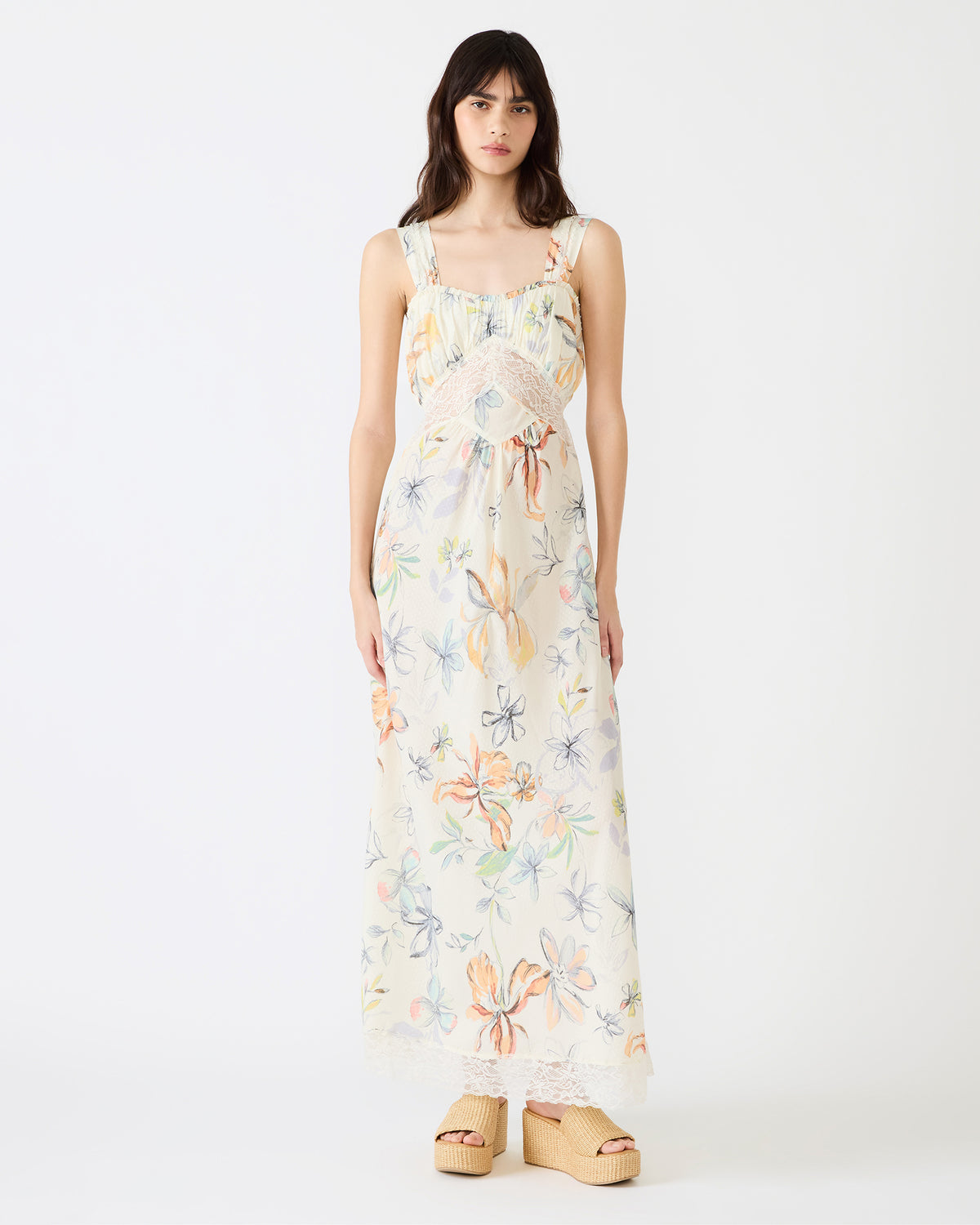 ALEXUS Vintage Ivory Flowy Lace Trim Flowy Women's Maxi Dress | Steve Madden Everyday