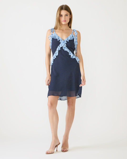 ADALINA Vintage Navy Polka Dot Ruffle Flowy Women's Mini Dress | Steve Madden Everyday