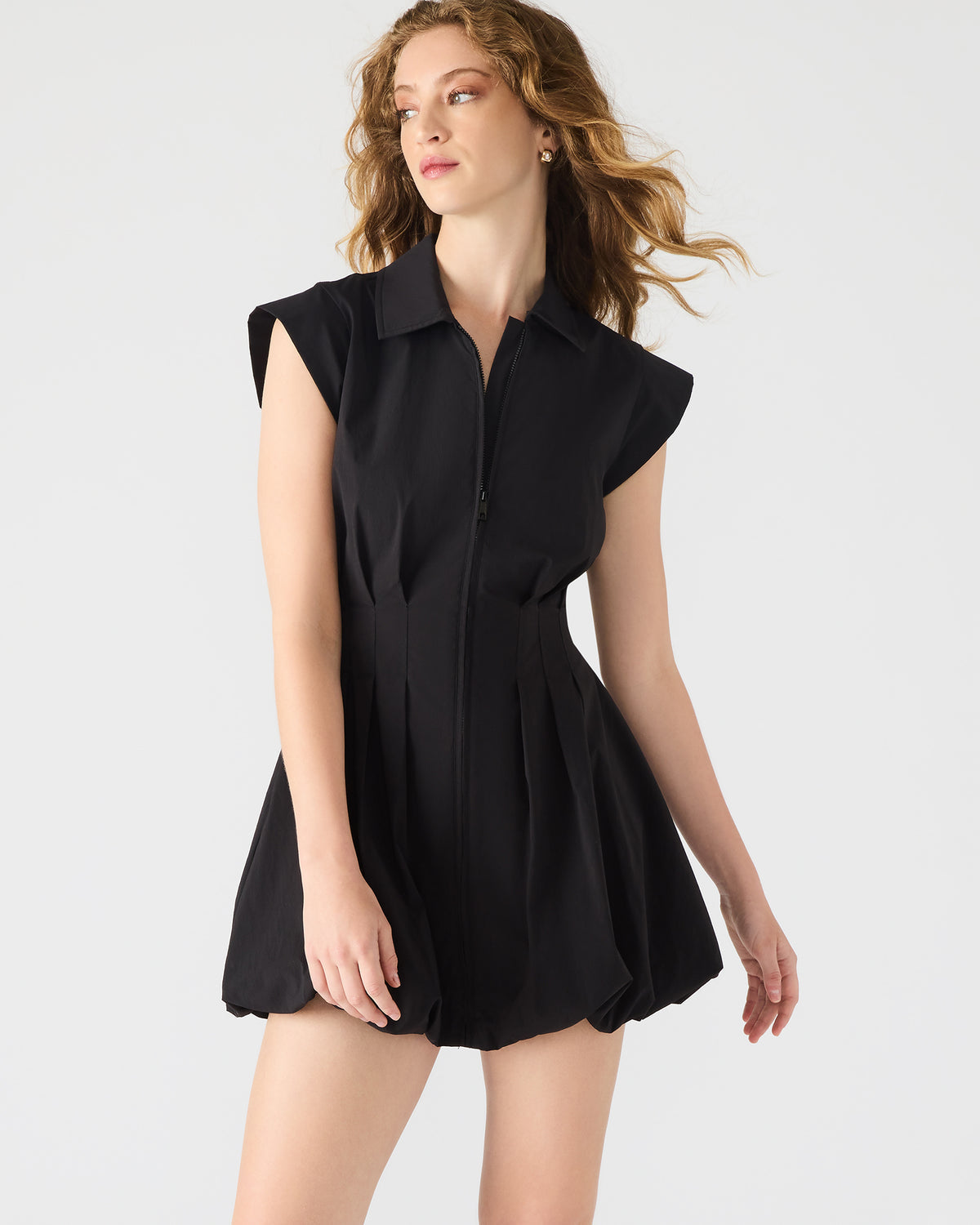 DYANNE Black Women's Zip-Front Bubble-Hem Dress | Steve Madden Classic