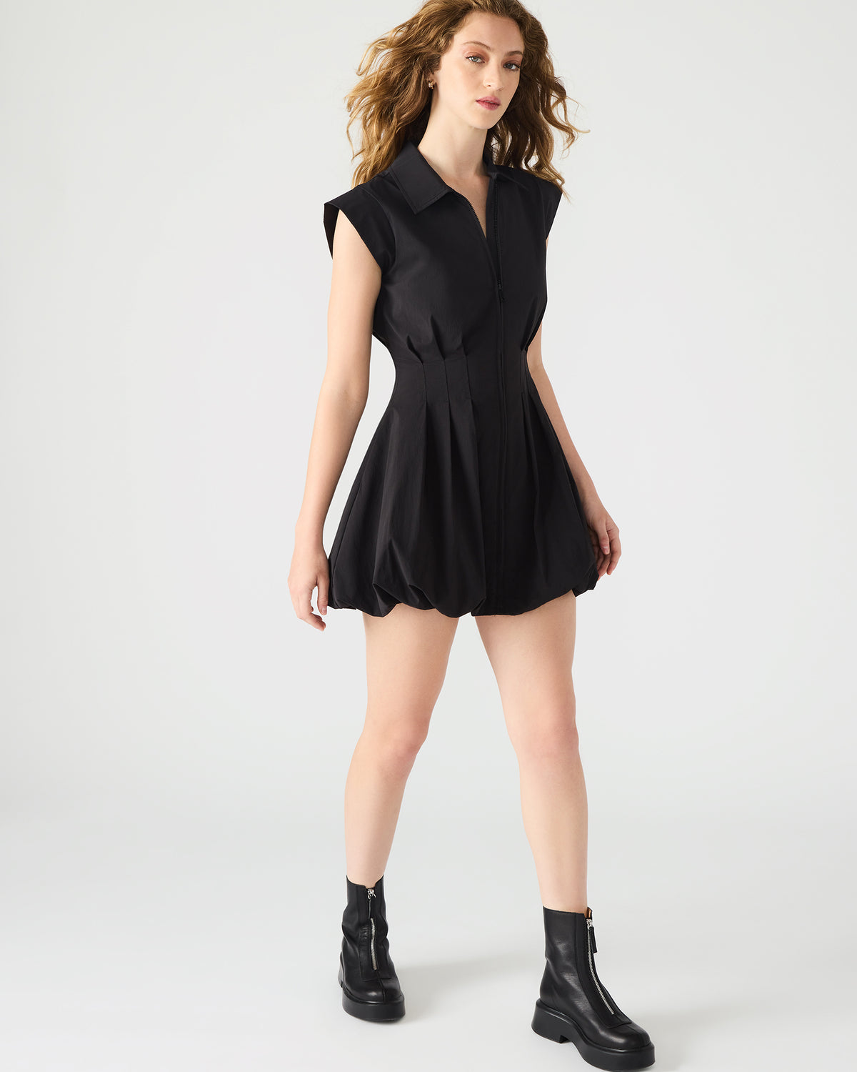 DYANNE Black Women's Zip-Front Bubble-Hem Dress | Steve Madden Classic