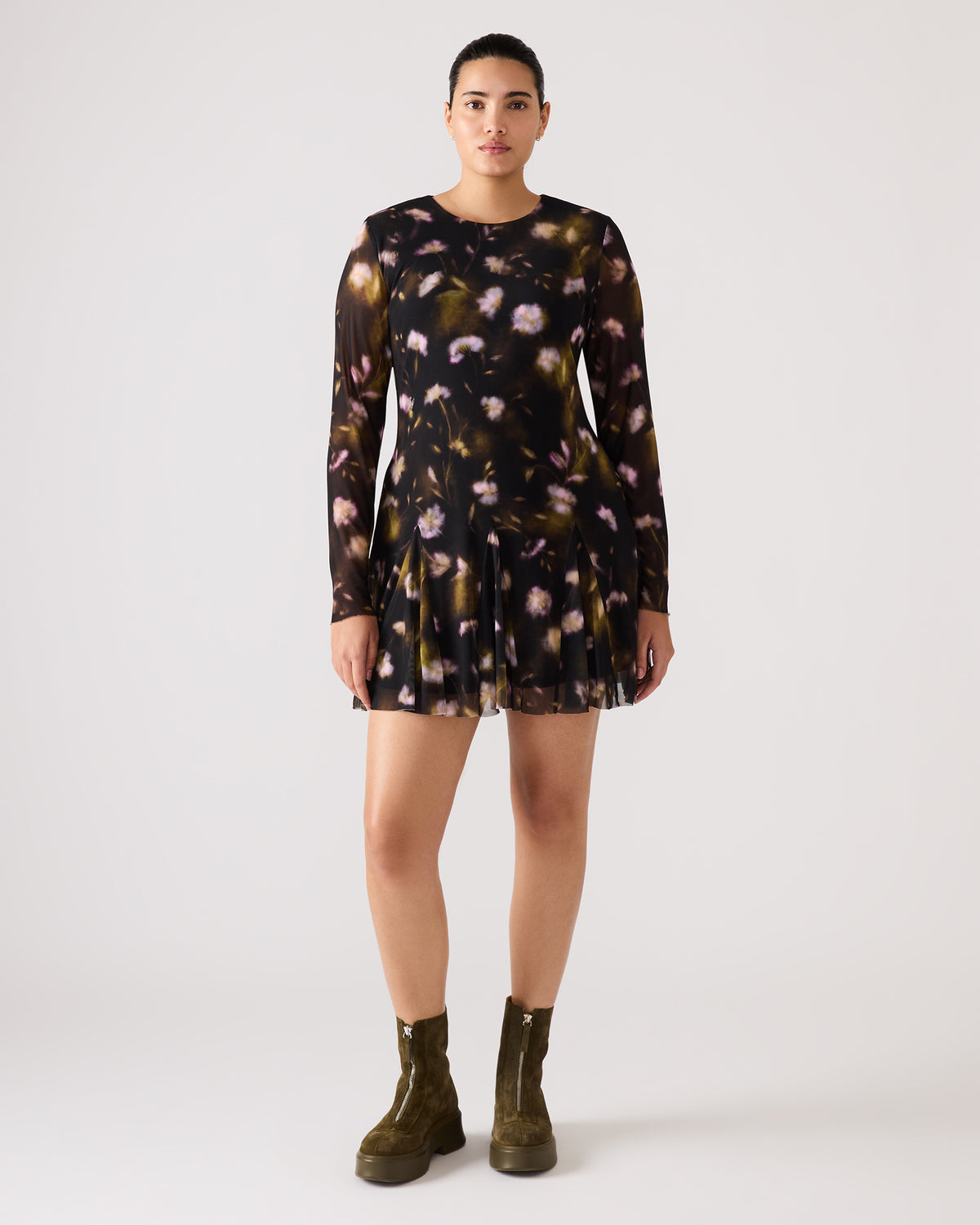 BLISS Black Ditsy Floral Long-Sleeved Floral Print Mesh Sheer Mini Women's Dress | Steve Madden Essential