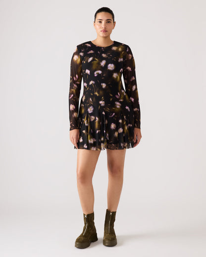 BLISS Black Ditsy Floral Long-Sleeved Floral Print Mesh Sheer Mini Women's Dress | Steve Madden Essential