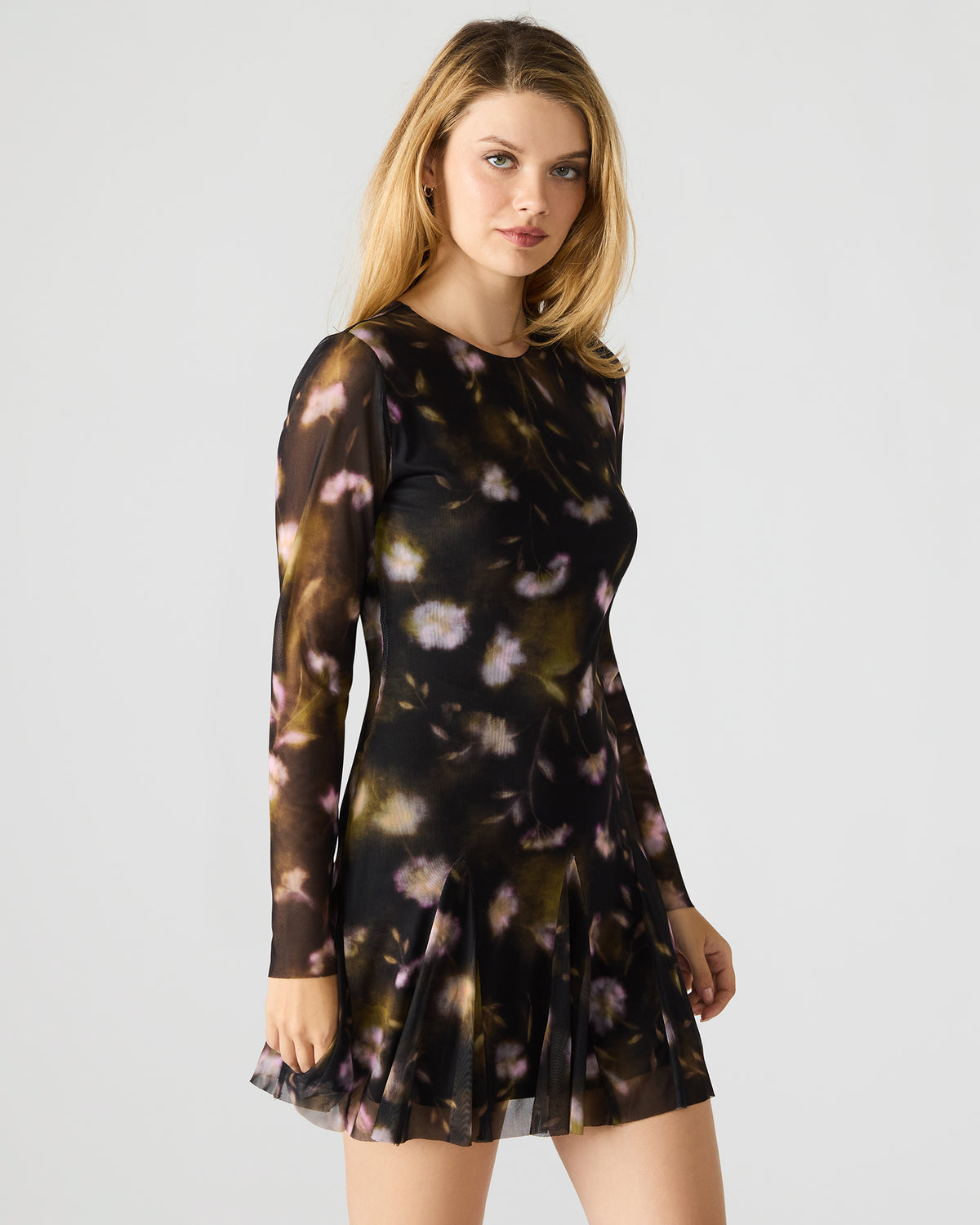 BLISS Black Ditsy Floral Long-Sleeved Floral Print Mesh Sheer Mini Women's Dress | Steve Madden Essential