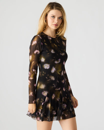 BLISS Black Ditsy Floral Long-Sleeved Floral Print Mesh Sheer Mini Women's Dress | Steve Madden Essential