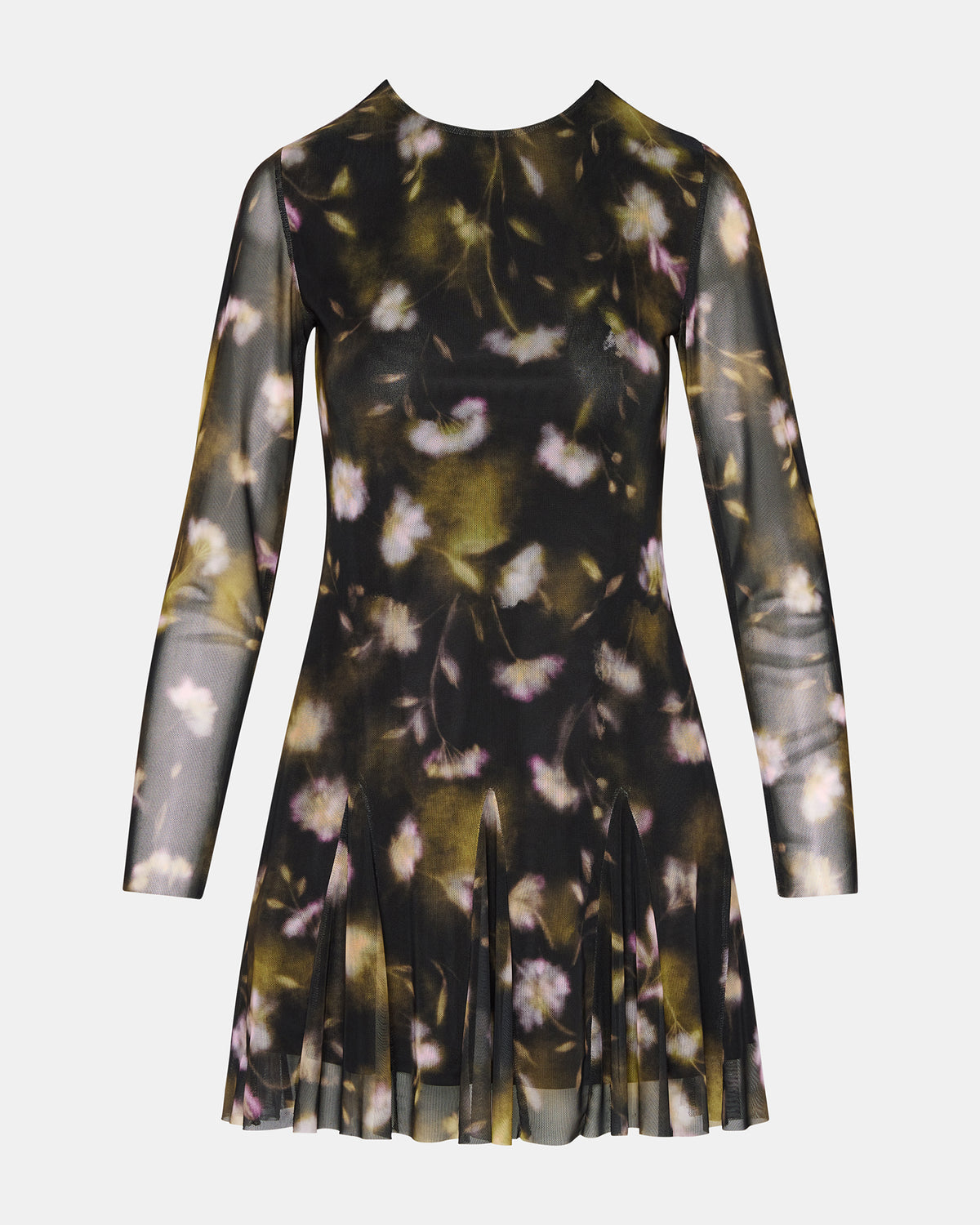 BLISS Black Ditsy Floral Long-Sleeved Floral Print Mesh Sheer Mini Women's Dress | Steve Madden Essential