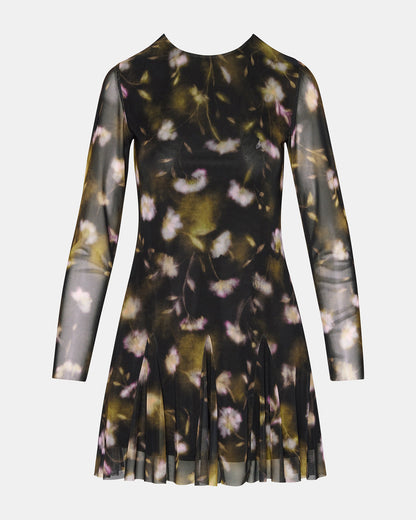 BLISS Black Ditsy Floral Long-Sleeved Floral Print Mesh Sheer Mini Women's Dress | Steve Madden Essential