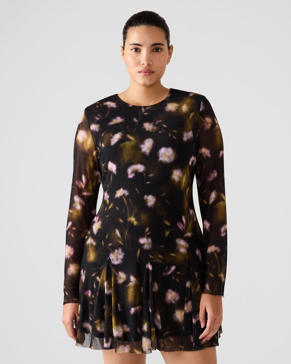 BLISS Black Ditsy Floral Long-Sleeved Floral Print Mesh Sheer Mini Women's Dress | Steve Madden Essential