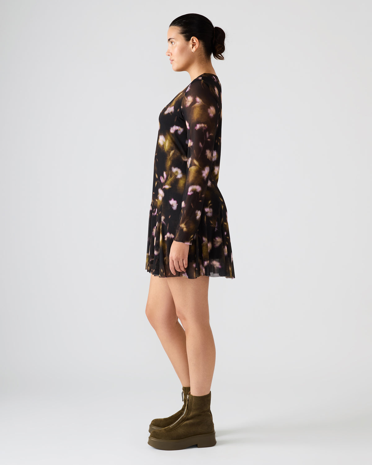 BLISS Black Ditsy Floral Long-Sleeved Floral Print Mesh Sheer Mini Women's Dress | Steve Madden Essential