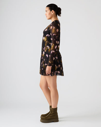 BLISS Black Ditsy Floral Long-Sleeved Floral Print Mesh Sheer Mini Women's Dress | Steve Madden Essential