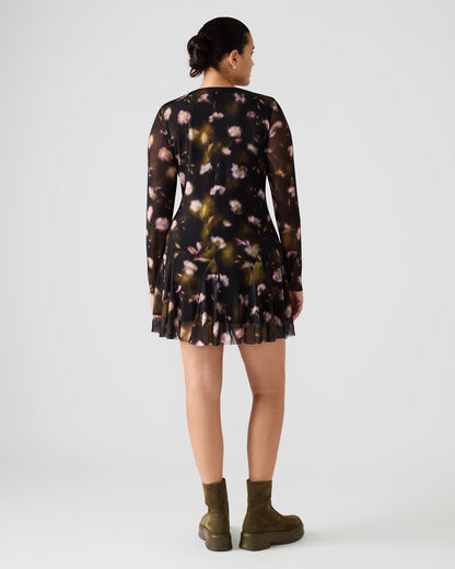 BLISS Black Ditsy Floral Long-Sleeved Floral Print Mesh Sheer Mini Women's Dress | Steve Madden Essential