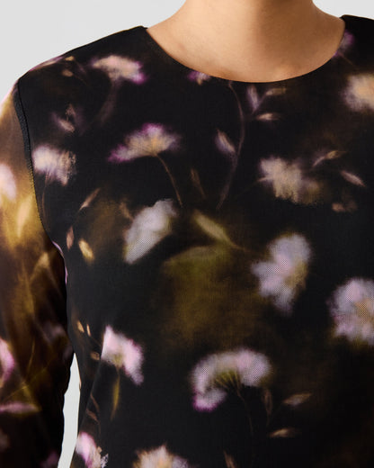 BLISS Black Ditsy Floral Long-Sleeved Floral Print Mesh Sheer Mini Women's Dress | Steve Madden Essential