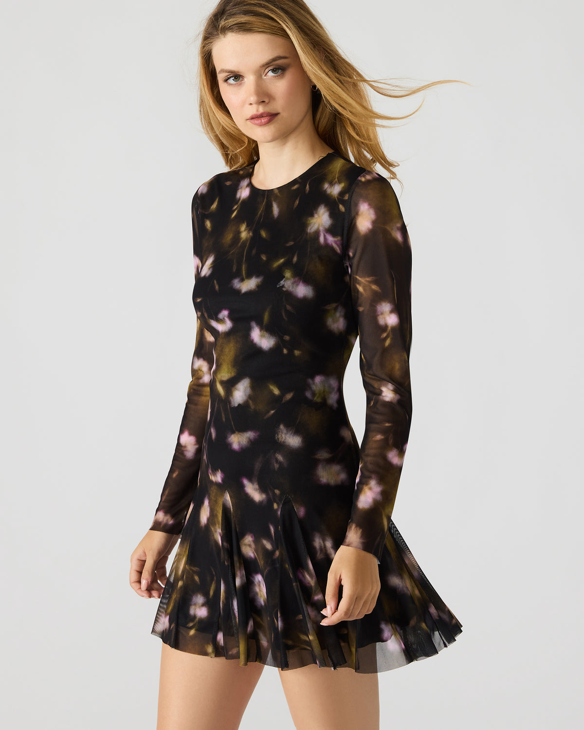 BLISS Black Ditsy Floral Long-Sleeved Floral Print Mesh Sheer Mini Women's Dress | Steve Madden Essential