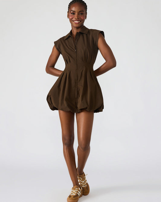 DYANNE Dark Espresso Women's Zip-Front Bubble-Hem Dress | Steve Madden Premium