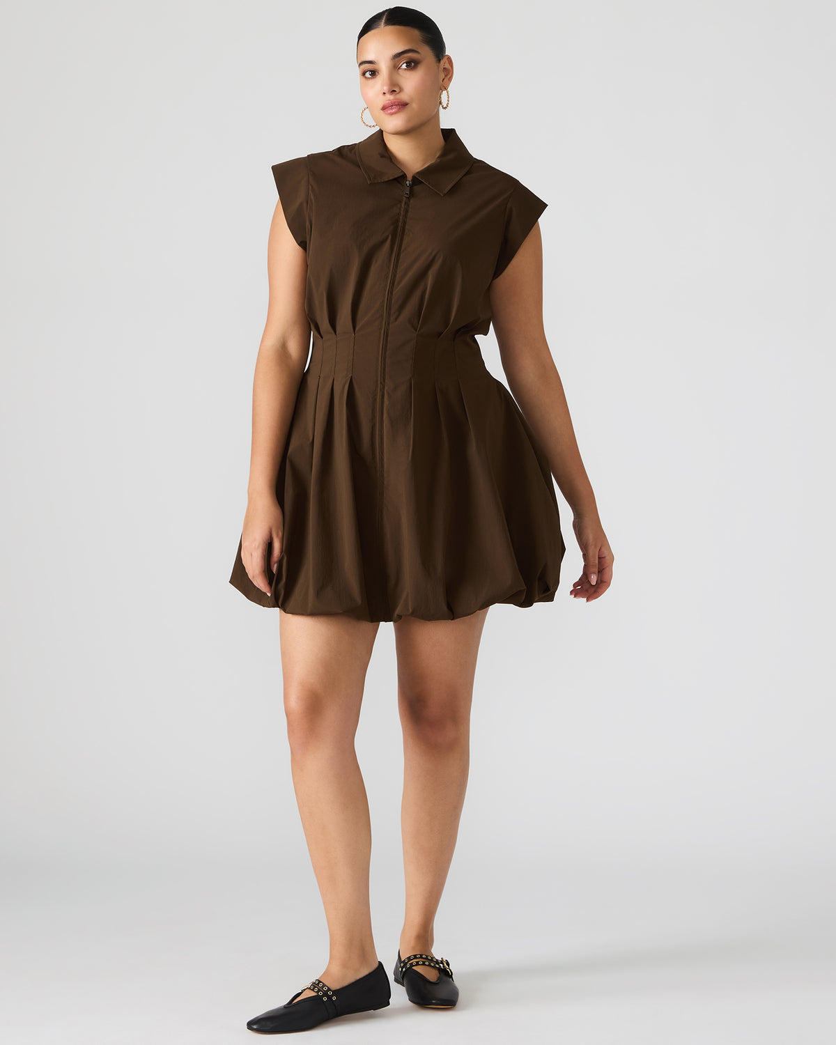 DYANNE Dark Espresso Women's Zip-Front Bubble-Hem Dress | Steve Madden Premium