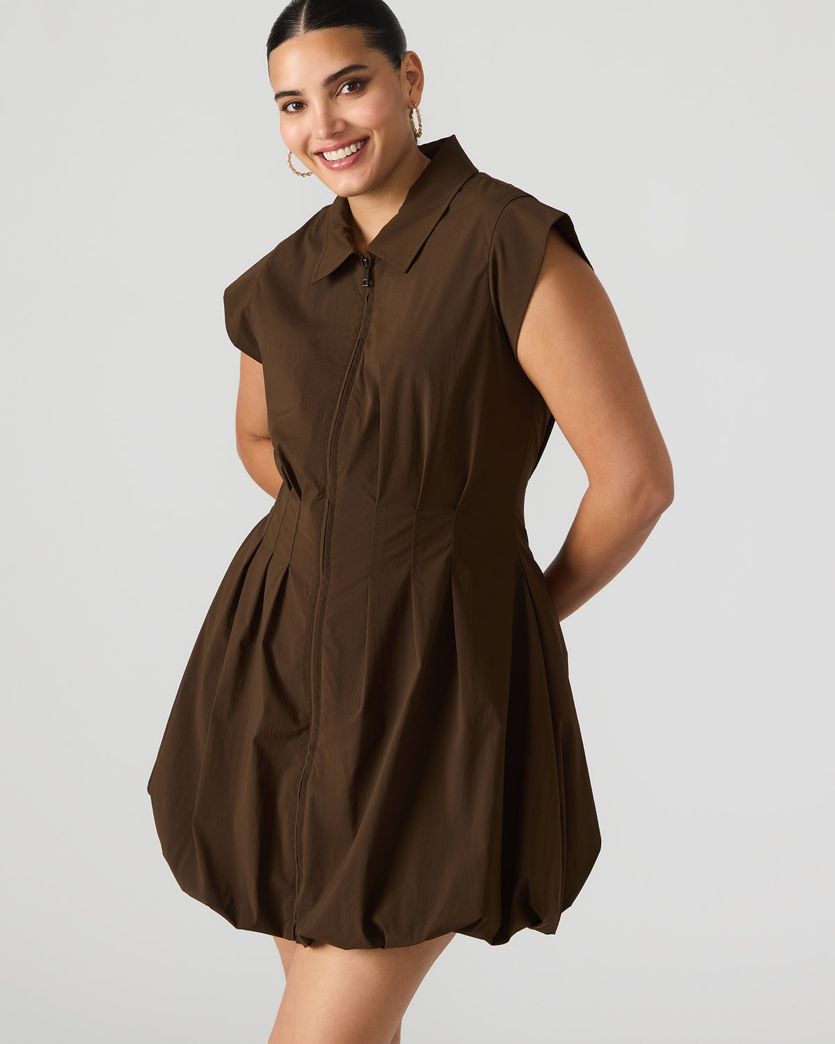 DYANNE Dark Espresso Women's Zip-Front Bubble-Hem Dress | Steve Madden Premium