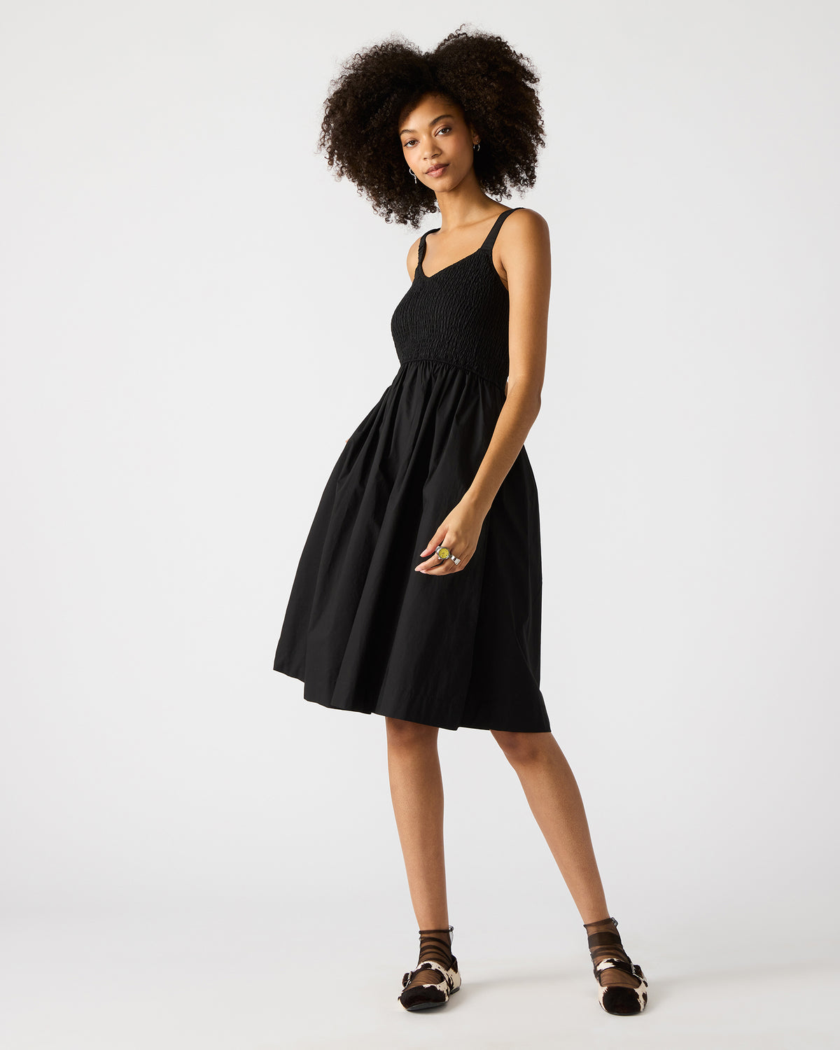 FLEUR Black Flowy Smocked Midi Women's Dress | Steve Madden Great Value