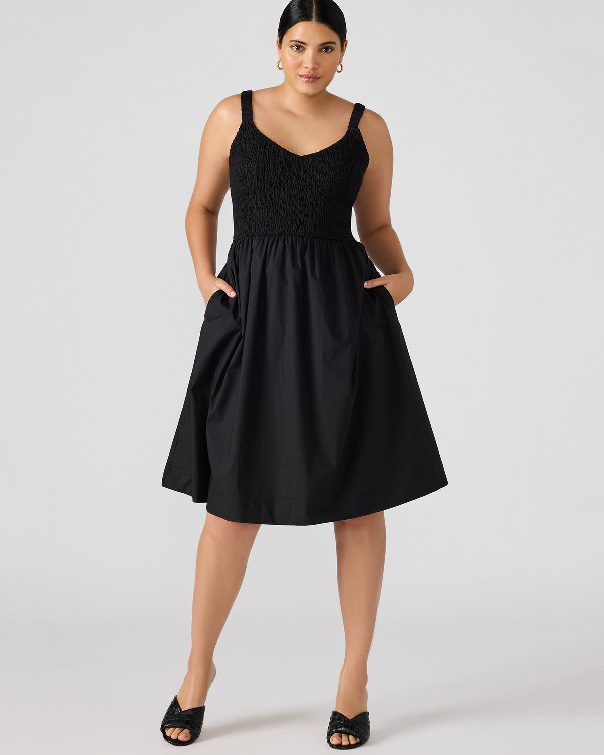 FLEUR Black Flowy Smocked Midi Women's Dress | Steve Madden Great Value