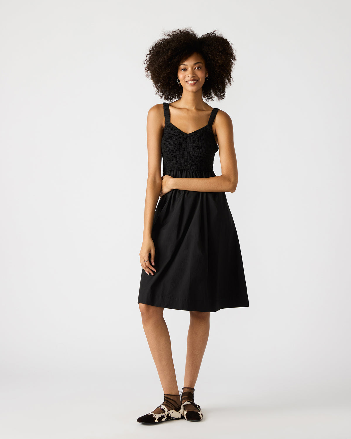 FLEUR Black Flowy Smocked Midi Women's Dress | Steve Madden Great Value