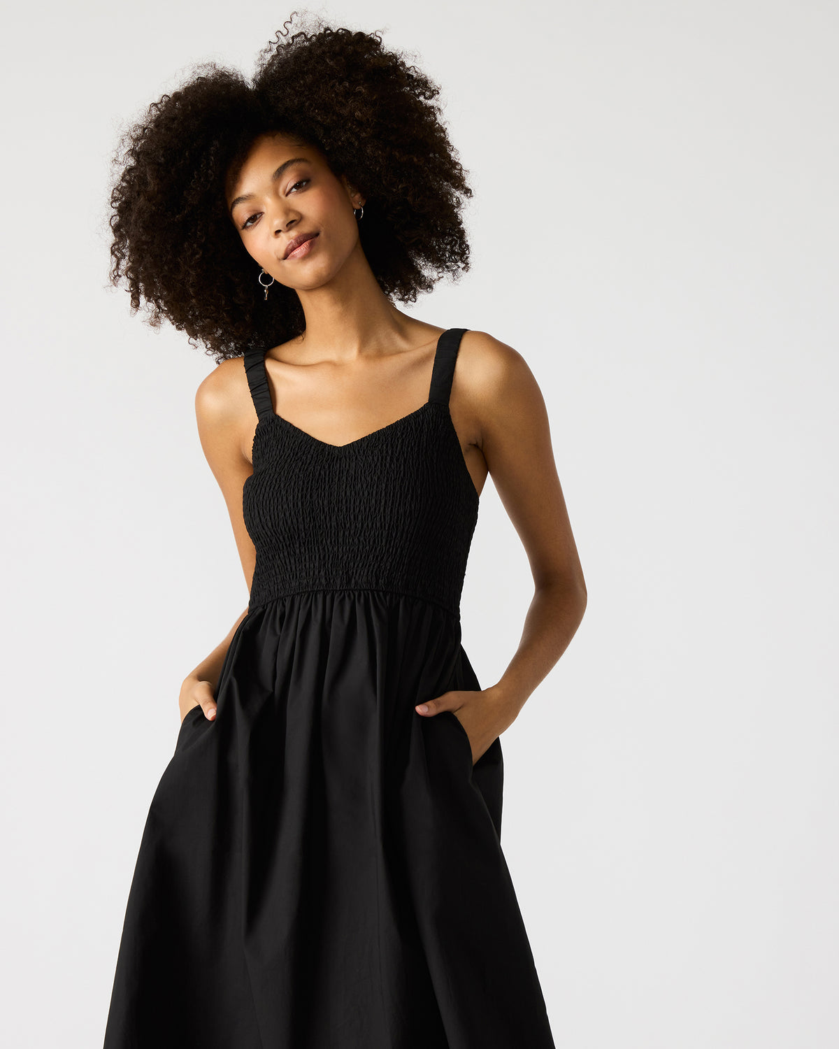 FLEUR Black Flowy Smocked Midi Women's Dress | Steve Madden Great Value