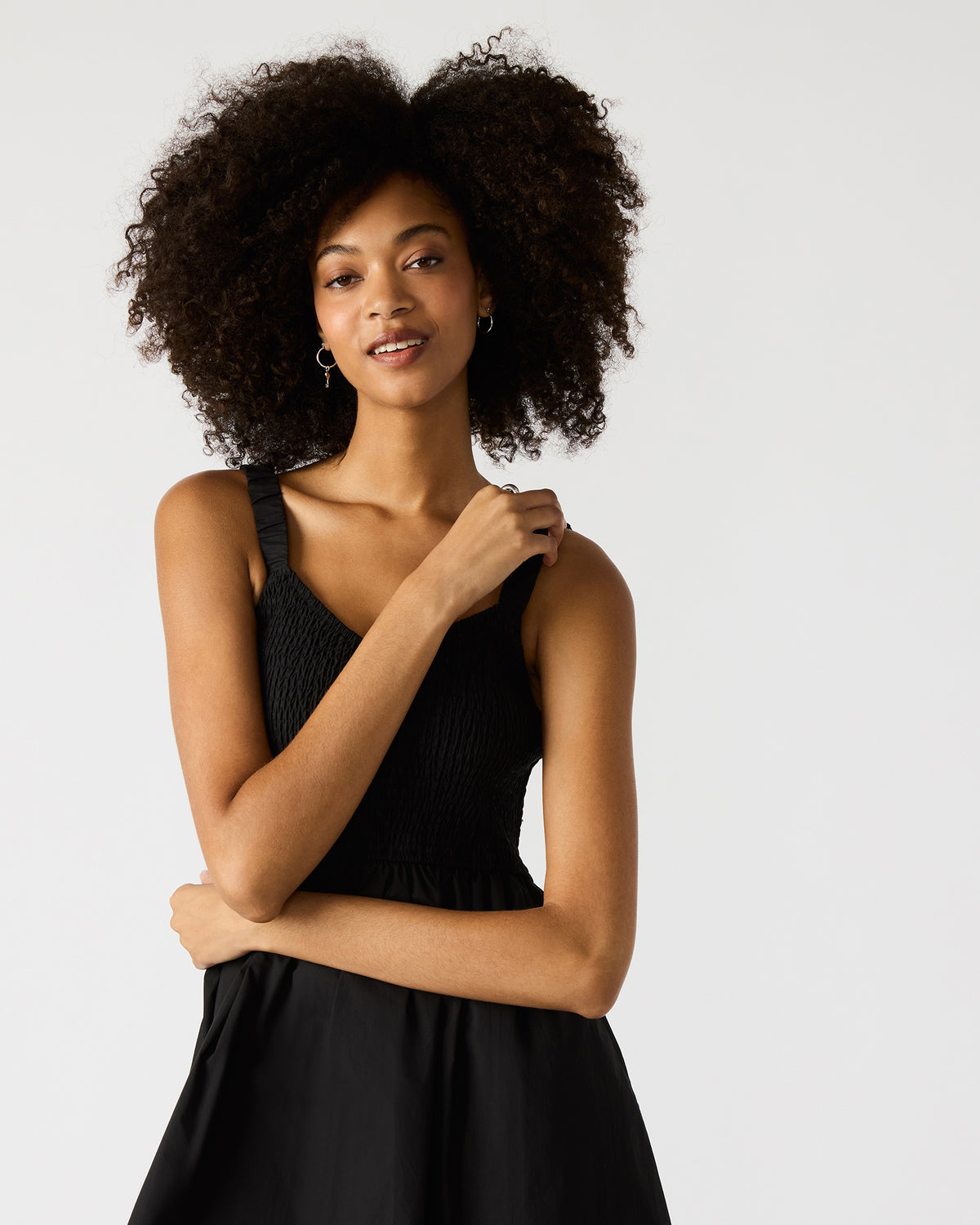 FLEUR Black Flowy Smocked Midi Women's Dress | Steve Madden Great Value
