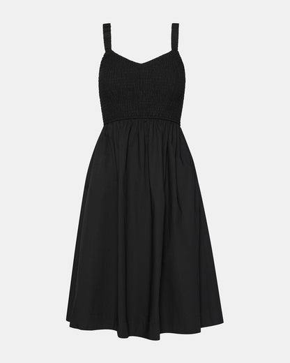 FLEUR Black Flowy Smocked Midi Women's Dress | Steve Madden Great Value