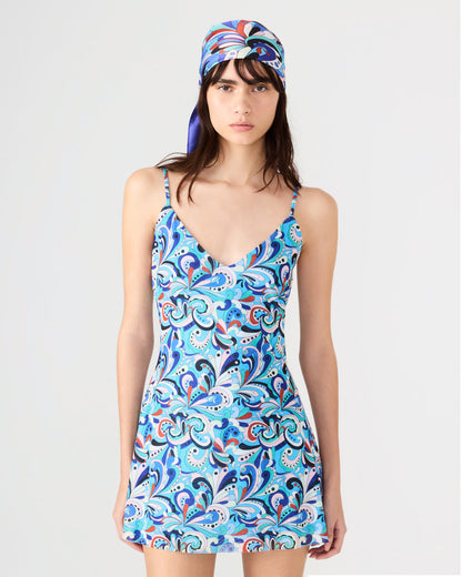 SHEILA Teal Paisley Sleeveless V-Neckline Printed Slip Mini Women's Dress | Steve Madden Essential