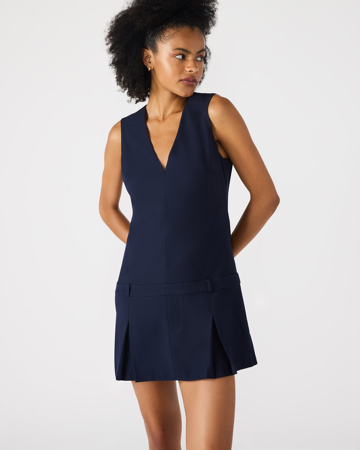 HENLEY Midnight Sleeveless V-neck Mini Pleated Women's Dress | Steve Madden Featured