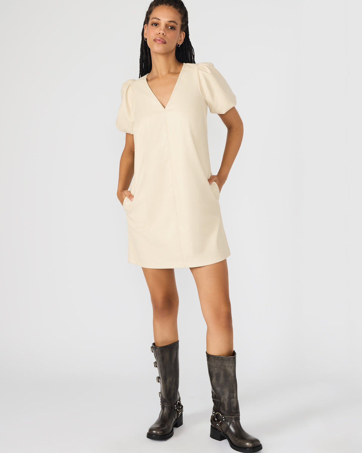 TILLY Bone Short-Sleeved Faux Leather Women's Dress | Steve Madden Top Pick