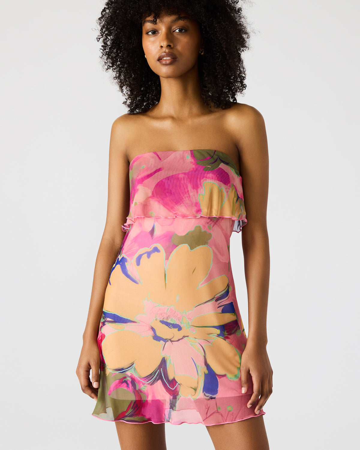 BRYAR Multi Strapless Flowy Mesh Overlay Floral Print Mini Women's Dress | Steve Madden Discount